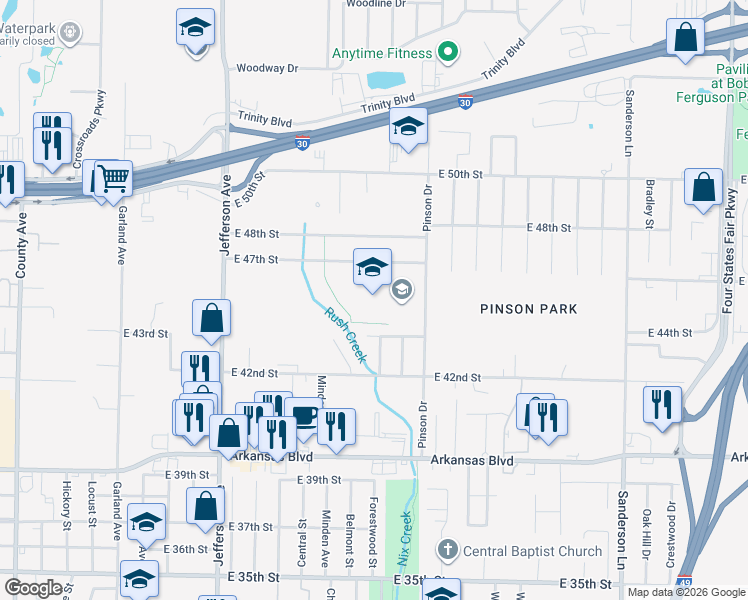 map of restaurants, bars, coffee shops, grocery stores, and more near 4505 Pinson Drive in Texarkana