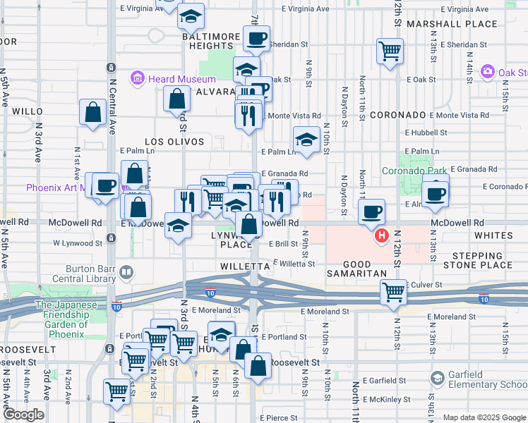 map of restaurants, bars, coffee shops, grocery stores, and more near 1605 North 7th Street in Phoenix