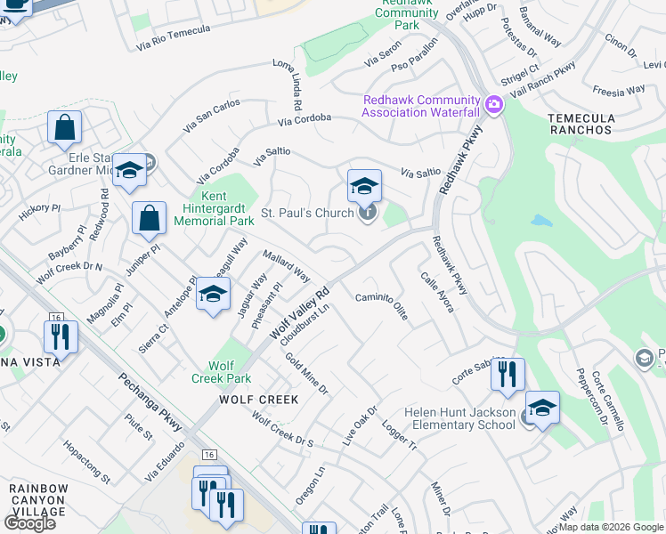 map of restaurants, bars, coffee shops, grocery stores, and more near 31941 Calle Tiara South in Temecula