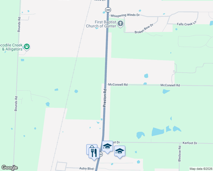 map of restaurants, bars, coffee shops, grocery stores, and more near McConnell Road in Gunter