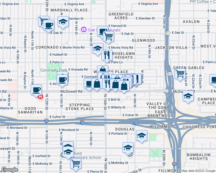 map of restaurants, bars, coffee shops, grocery stores, and more near 1603 North 16th Street in Phoenix