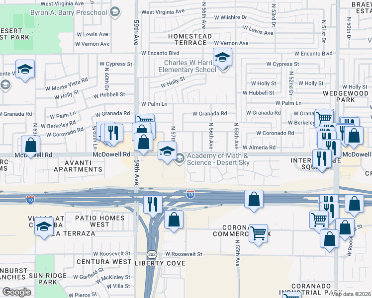 map of restaurants, bars, coffee shops, grocery stores, and more near 1601 North 57th Avenue in Phoenix