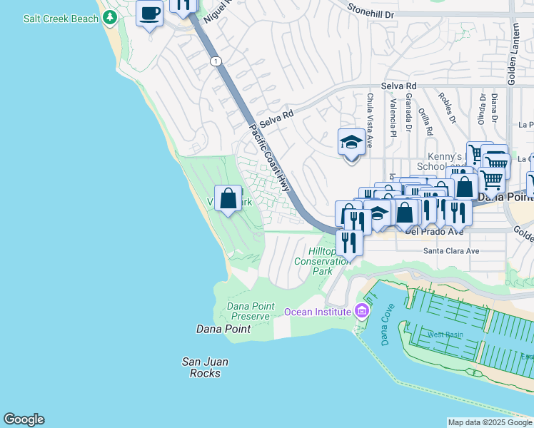 map of restaurants, bars, coffee shops, grocery stores, and more near 34130 Selva Road in Dana Point