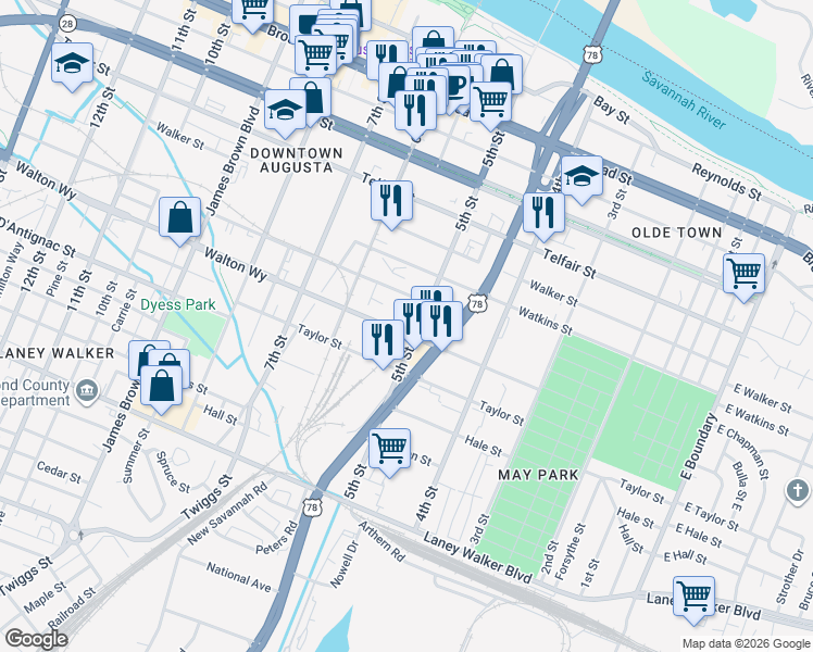 map of restaurants, bars, coffee shops, grocery stores, and more near 509 Walton Way in Augusta