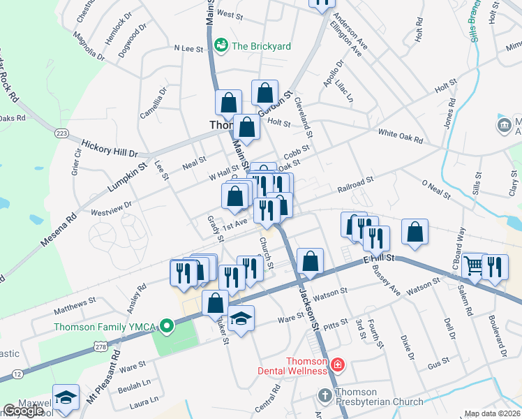 map of restaurants, bars, coffee shops, grocery stores, and more near 127 Main Street in Thomson