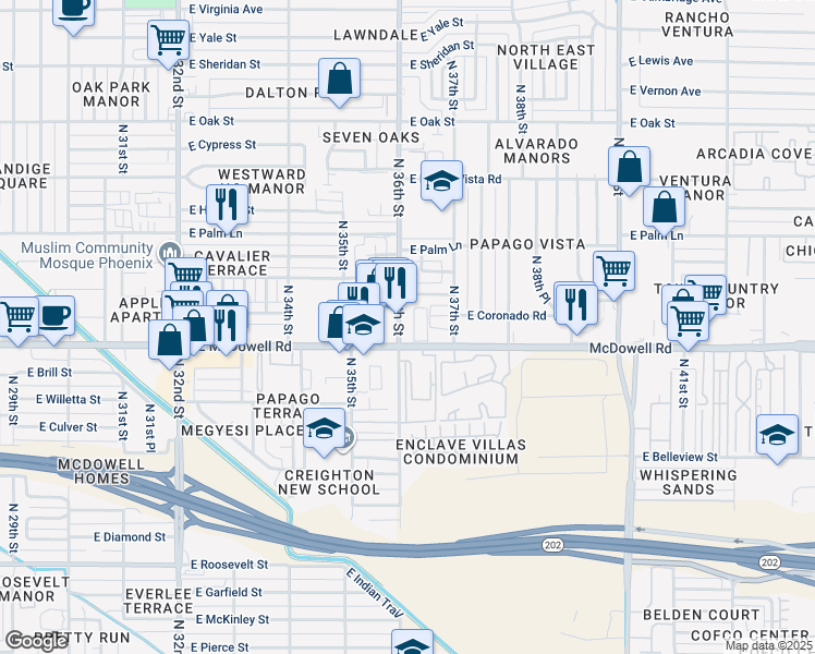 map of restaurants, bars, coffee shops, grocery stores, and more near 1615 North 36th Street in Phoenix