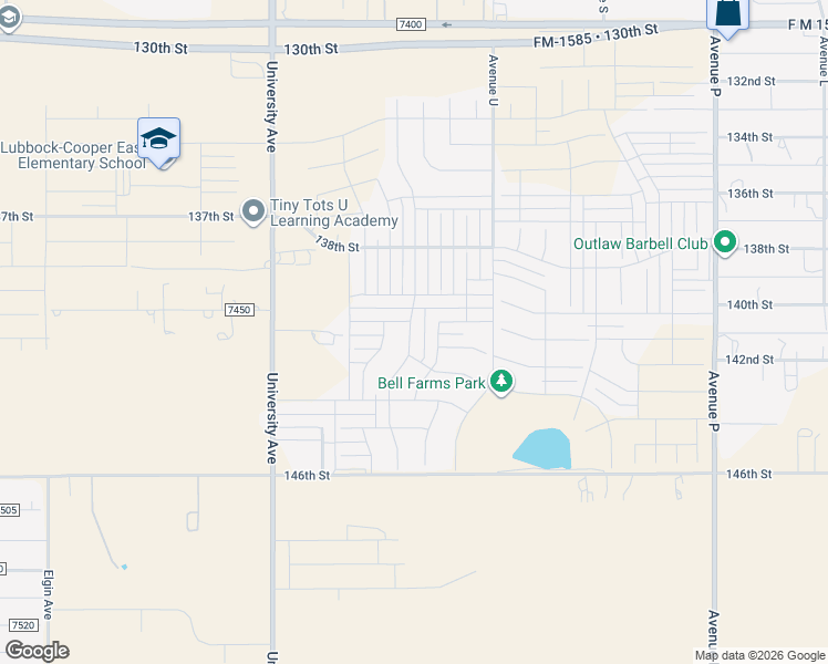 map of restaurants, bars, coffee shops, grocery stores, and more near 14005 Vernon Avenue in Lubbock