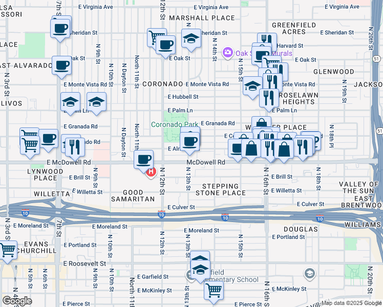 map of restaurants, bars, coffee shops, grocery stores, and more near 1241 East Almeria Road in Phoenix
