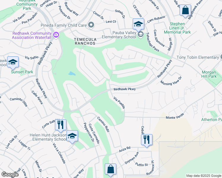 map of restaurants, bars, coffee shops, grocery stores, and more near 32085 Redhawk Parkway in Temecula