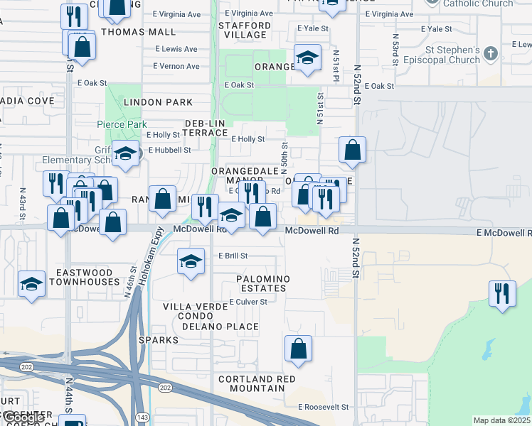 map of restaurants, bars, coffee shops, grocery stores, and more near 4920 East McDowell Road in Phoenix
