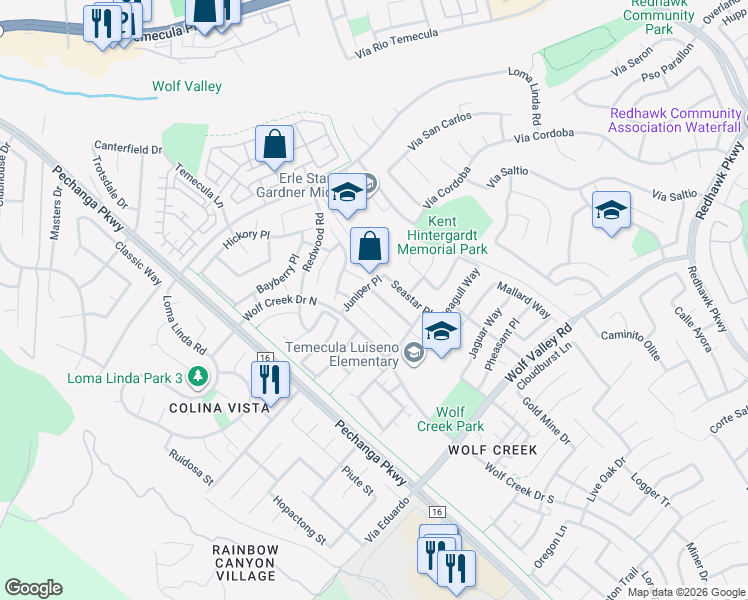 map of restaurants, bars, coffee shops, grocery stores, and more near 45545 Manatee Way in Temecula