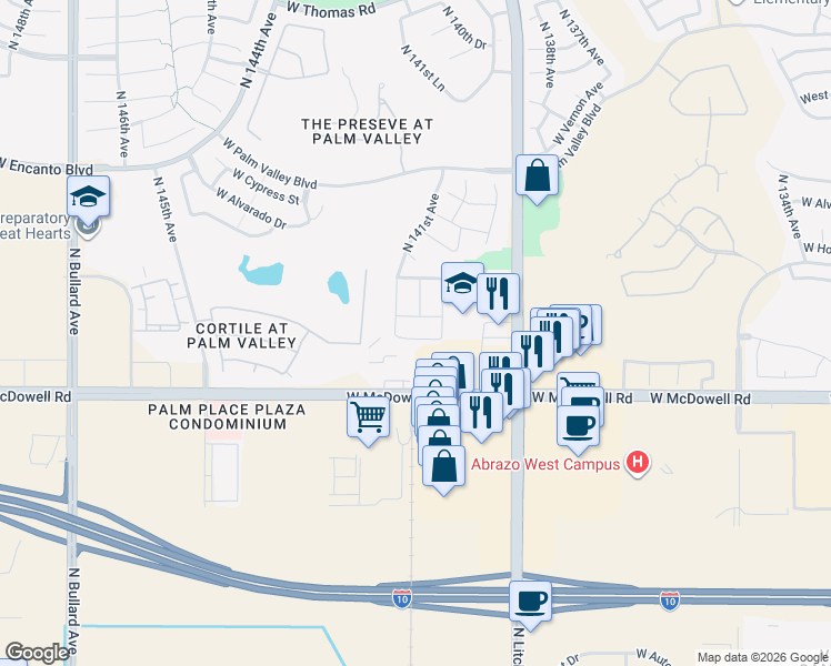 map of restaurants, bars, coffee shops, grocery stores, and more near 1626 North Litchfield Road in Goodyear
