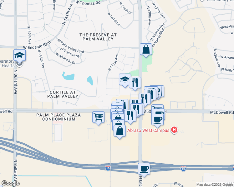 map of restaurants, bars, coffee shops, grocery stores, and more near 1626 North Litchfield Road in Goodyear