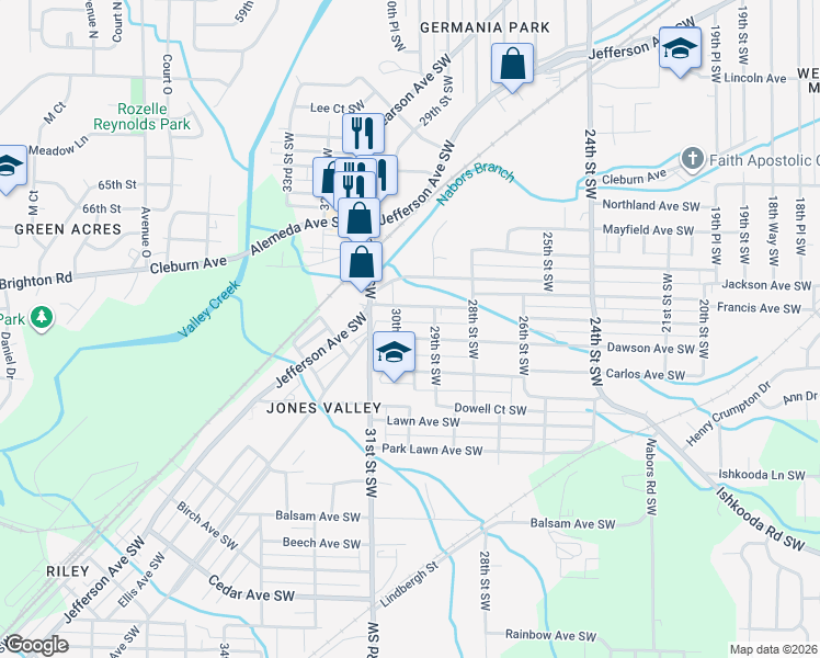 map of restaurants, bars, coffee shops, grocery stores, and more near 2920 Dawson Avenue Southwest in Birmingham