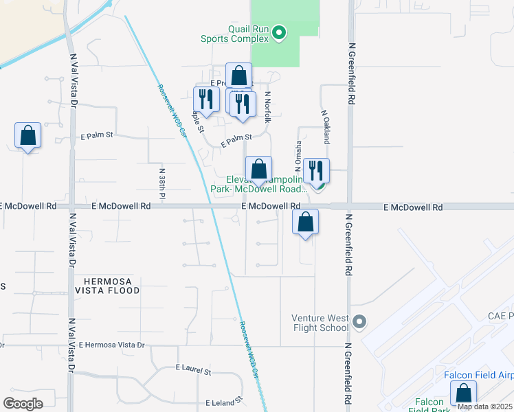 map of restaurants, bars, coffee shops, grocery stores, and more near 4136 East McDowell Road in Mesa