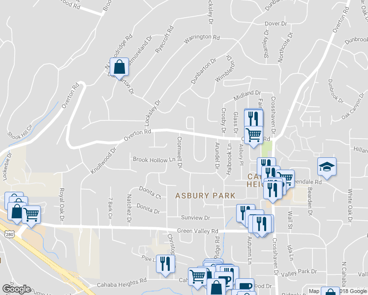 map of restaurants, bars, coffee shops, grocery stores, and more near 3813 Cromwell Drive in Birmingham