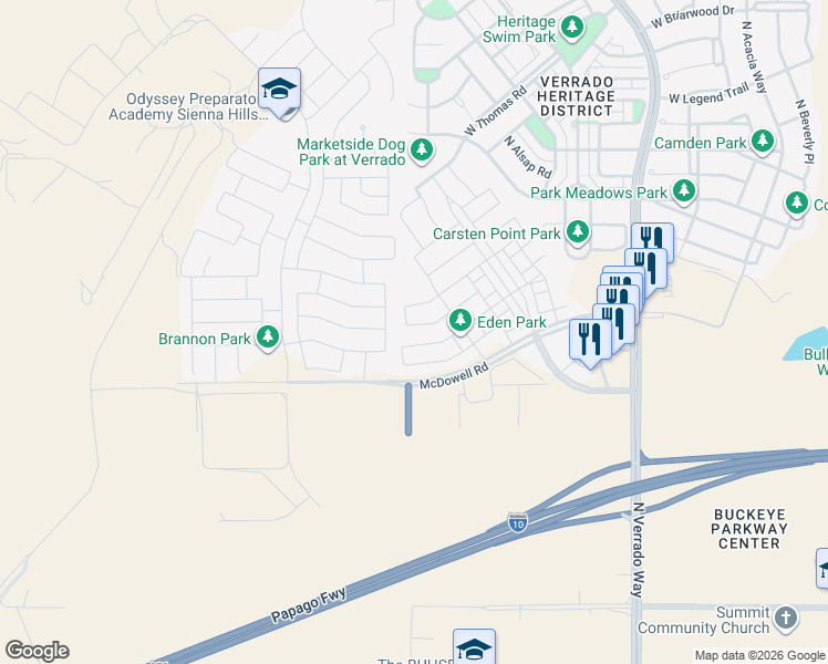 map of restaurants, bars, coffee shops, grocery stores, and more near 1761 North 211th Driv in Buckeye
