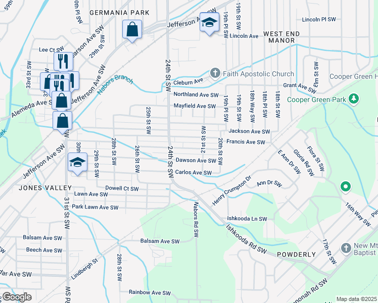 map of restaurants, bars, coffee shops, grocery stores, and more near 2133 Snavely Avenue Southwest in Birmingham