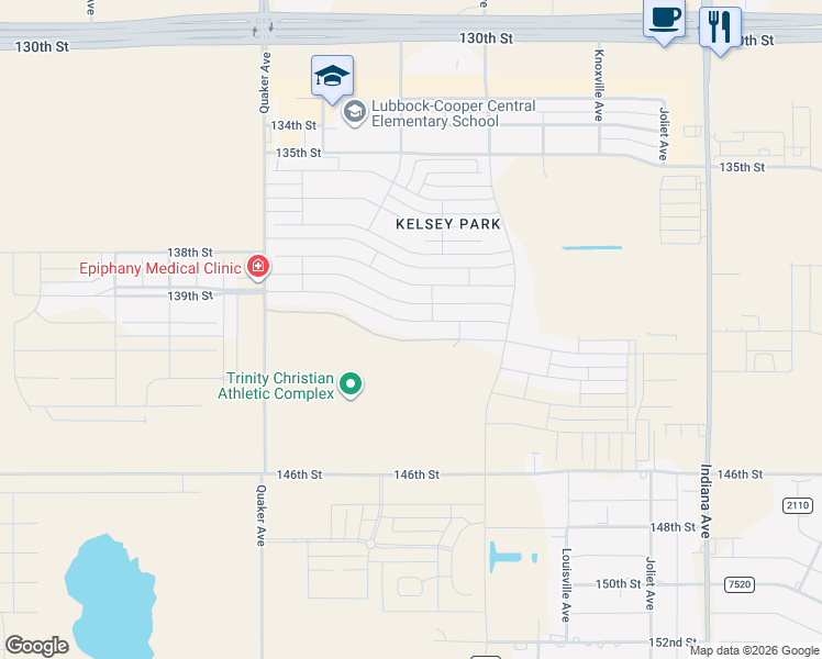 map of restaurants, bars, coffee shops, grocery stores, and more near 4002 140th Street in Lubbock