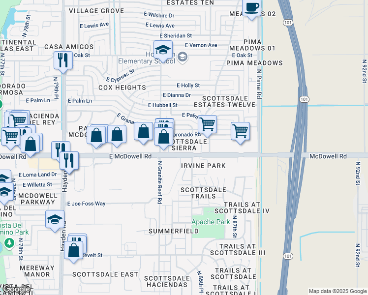 map of restaurants, bars, coffee shops, grocery stores, and more near 8550 East McDowell Road in Scottsdale