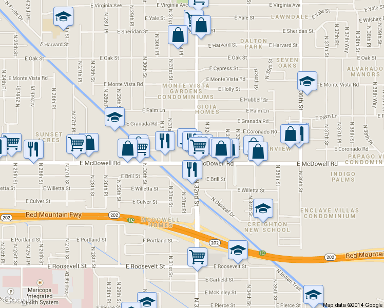 map of restaurants, bars, coffee shops, grocery stores, and more near 1619 North 31st Place in Phoenix