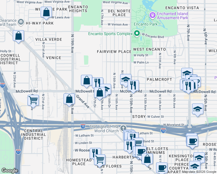 map of restaurants, bars, coffee shops, grocery stores, and more near 1615 North 17th Avenue in Phoenix