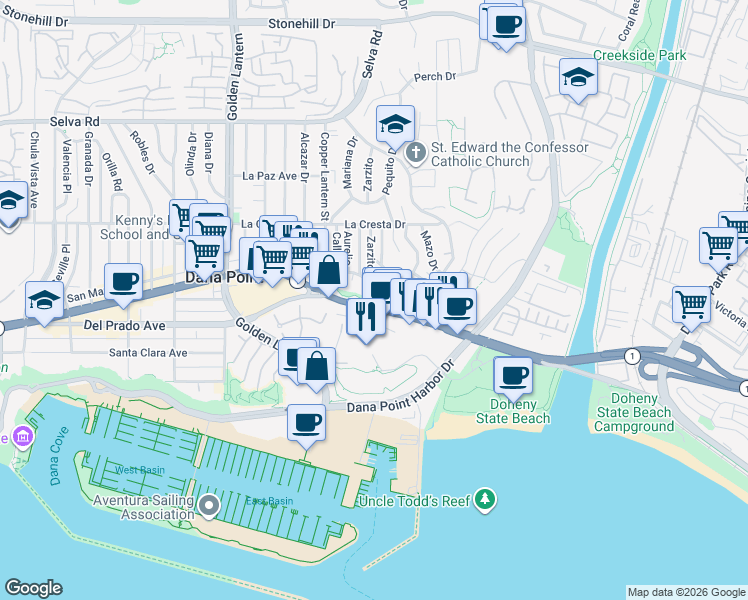 map of restaurants, bars, coffee shops, grocery stores, and more near 25152 Ocean Knoll in Dana Point
