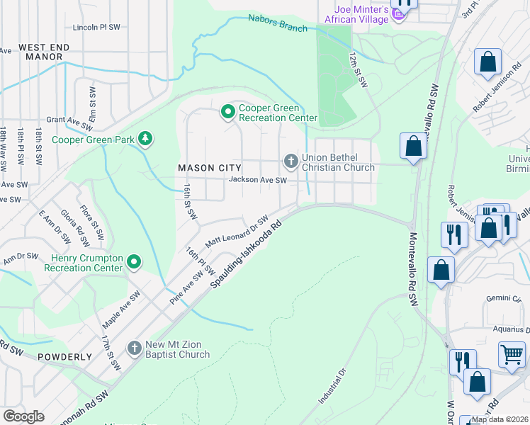 map of restaurants, bars, coffee shops, grocery stores, and more near 1432 Matt Leonard Drive Southwest in Birmingham