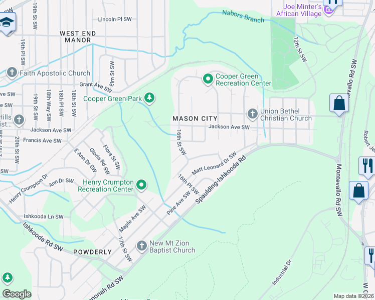 map of restaurants, bars, coffee shops, grocery stores, and more near 2108 16th Street Southwest in Birmingham