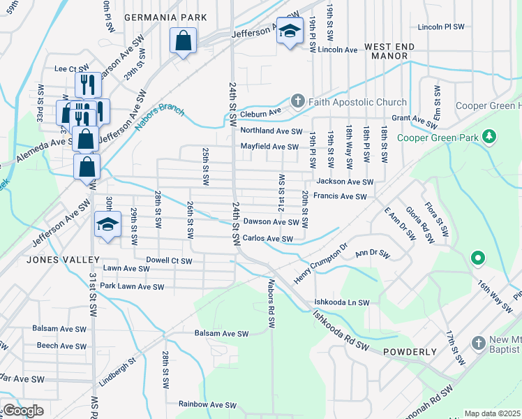 map of restaurants, bars, coffee shops, grocery stores, and more near 2133 Snavely Avenue Southwest in Birmingham