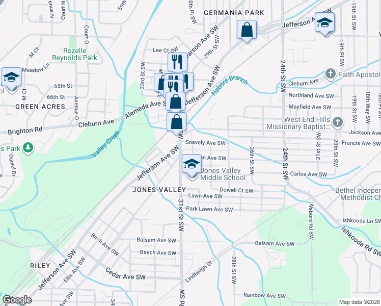 map of restaurants, bars, coffee shops, grocery stores, and more near 2920 Dawson Avenue Southwest in Birmingham