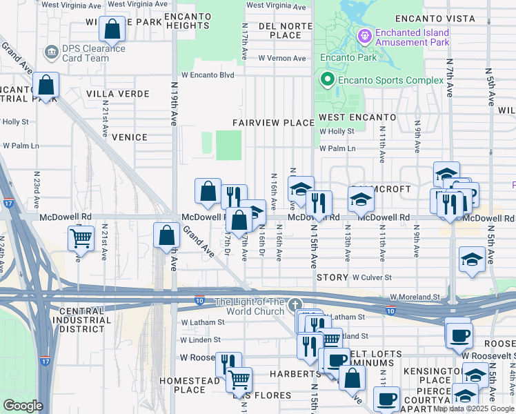 map of restaurants, bars, coffee shops, grocery stores, and more near 5 North 17th Avenue in Phoenix