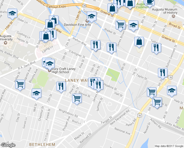map of restaurants, bars, coffee shops, grocery stores, and more near 1030 10th Street in Augusta