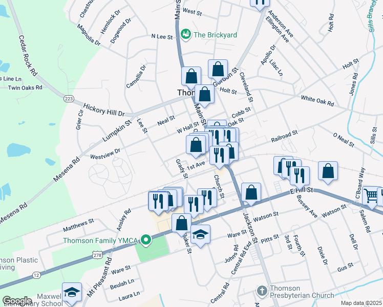 map of restaurants, bars, coffee shops, grocery stores, and more near 211 Milledge Street in Thomson
