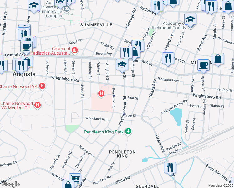 map of restaurants, bars, coffee shops, grocery stores, and more near 1420 Pendleton Road in Augusta