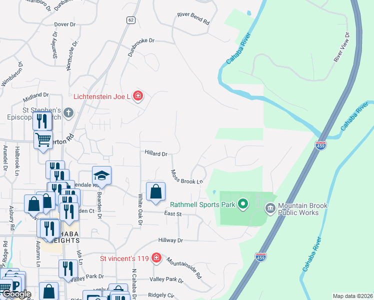 map of restaurants, bars, coffee shops, grocery stores, and more near 3291 Hillard Dr in Vestavia Hills
