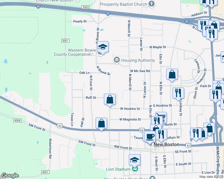 map of restaurants, bars, coffee shops, grocery stores, and more near 506 North Bowie Street in New Boston
