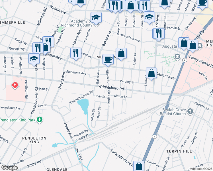 map of restaurants, bars, coffee shops, grocery stores, and more near 1825 Wrightsboro Road in Augusta