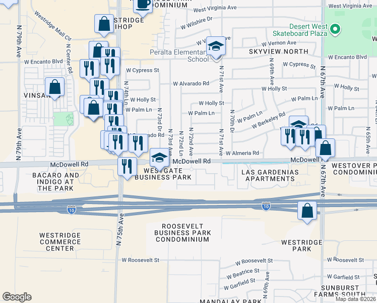 map of restaurants, bars, coffee shops, grocery stores, and more near 1621 North 72nd Lane in Phoenix