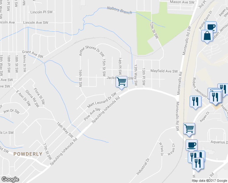 map of restaurants, bars, coffee shops, grocery stores, and more near 1432 Matt Leonard Drive Southwest in Birmingham