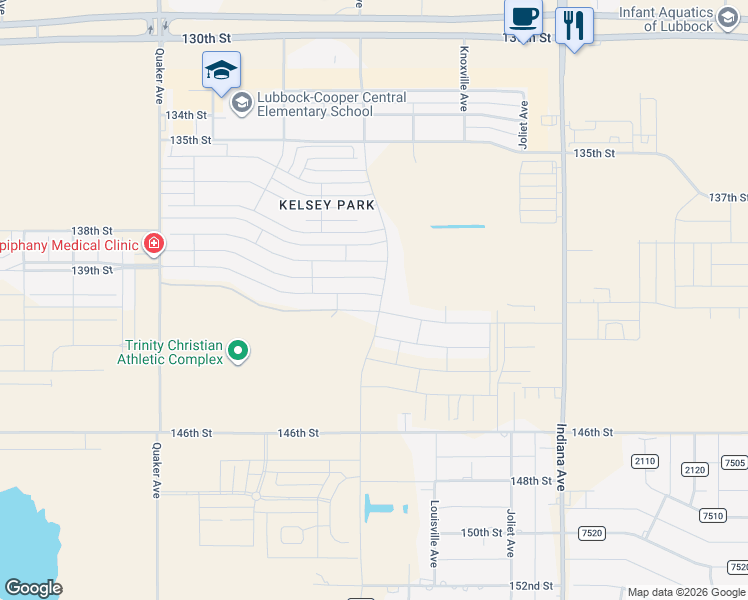 map of restaurants, bars, coffee shops, grocery stores, and more near 3801 140th Street in Lubbock