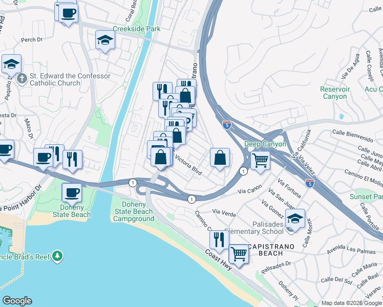 map of restaurants, bars, coffee shops, grocery stores, and more near 34052 Doheny Park Road in Dana Point