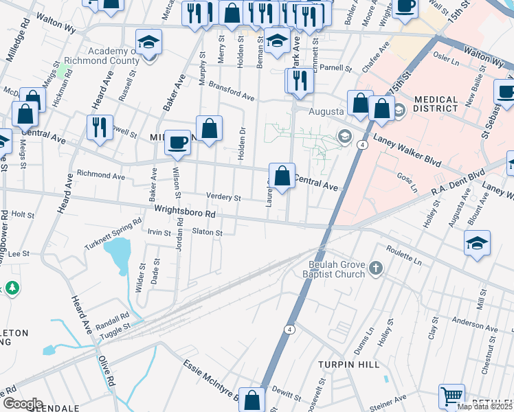 map of restaurants, bars, coffee shops, grocery stores, and more near 1706 Verdery Street in Augusta