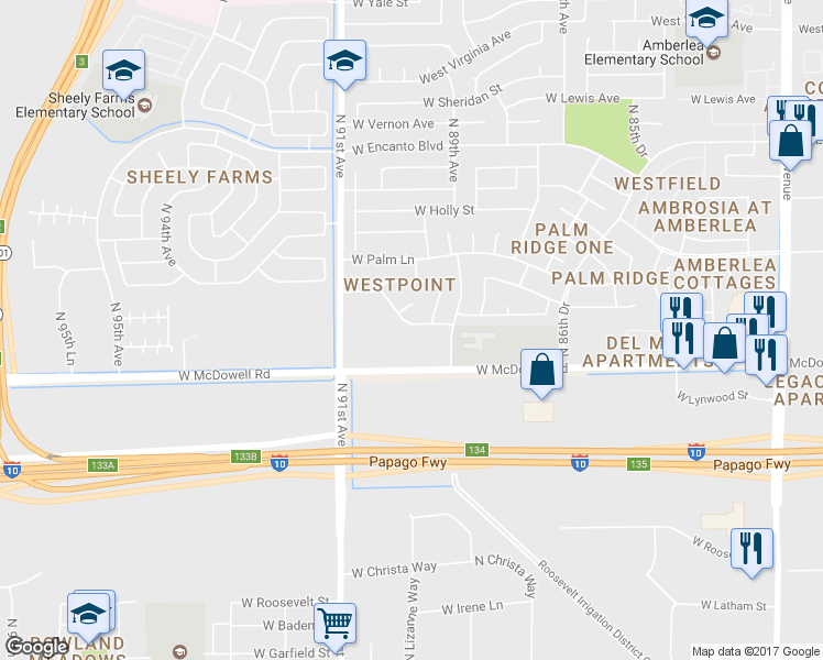 map of restaurants, bars, coffee shops, grocery stores, and more near 9007 West Coronado Road in Phoenix