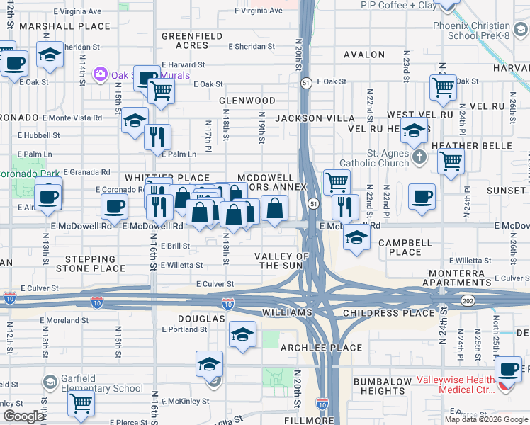 map of restaurants, bars, coffee shops, grocery stores, and more near 1901 East Almeria Road in Phoenix