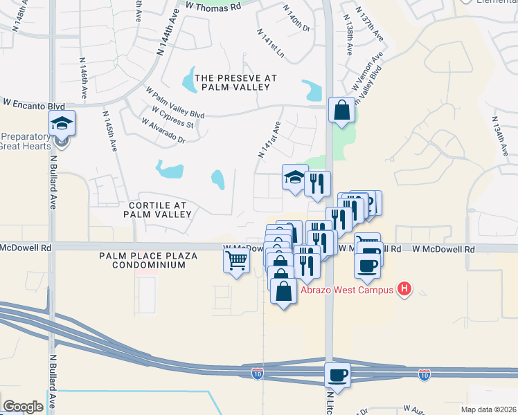 map of restaurants, bars, coffee shops, grocery stores, and more near 1626 North Litchfield Road in Goodyear