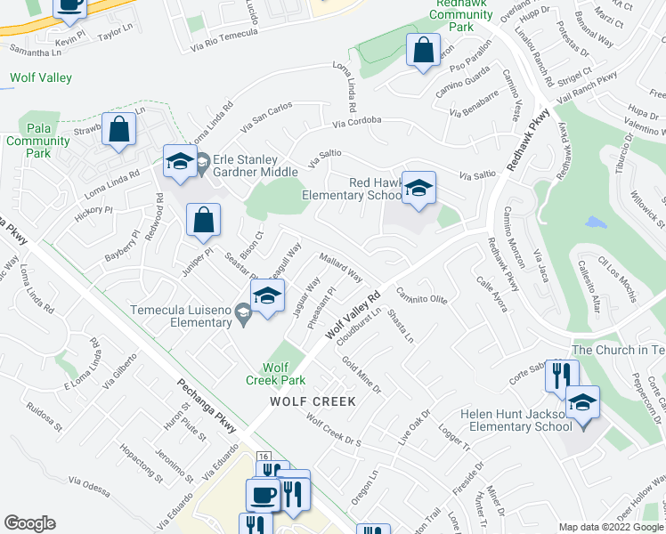 map of restaurants, bars, coffee shops, grocery stores, and more near 45504 Jaguar Way in Temecula