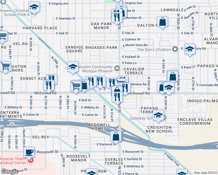 map of restaurants, bars, coffee shops, grocery stores, and more near 1619 North 31st Place in Phoenix