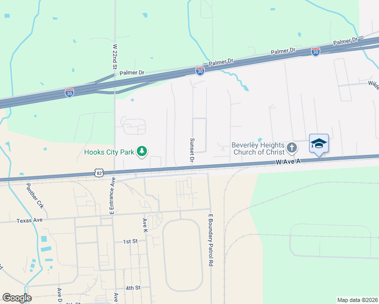 map of restaurants, bars, coffee shops, grocery stores, and more near 107 Sunset Drive in Hooks