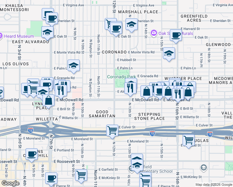 map of restaurants, bars, coffee shops, grocery stores, and more near 1201 East Almeria Road in Phoenix